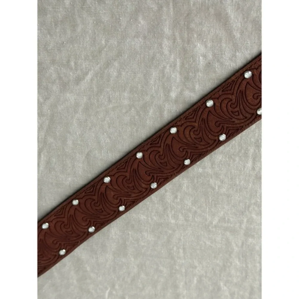 Vintage Guess Leather Belt Western Rhinestone Embossed Full Grain Silver Buckle